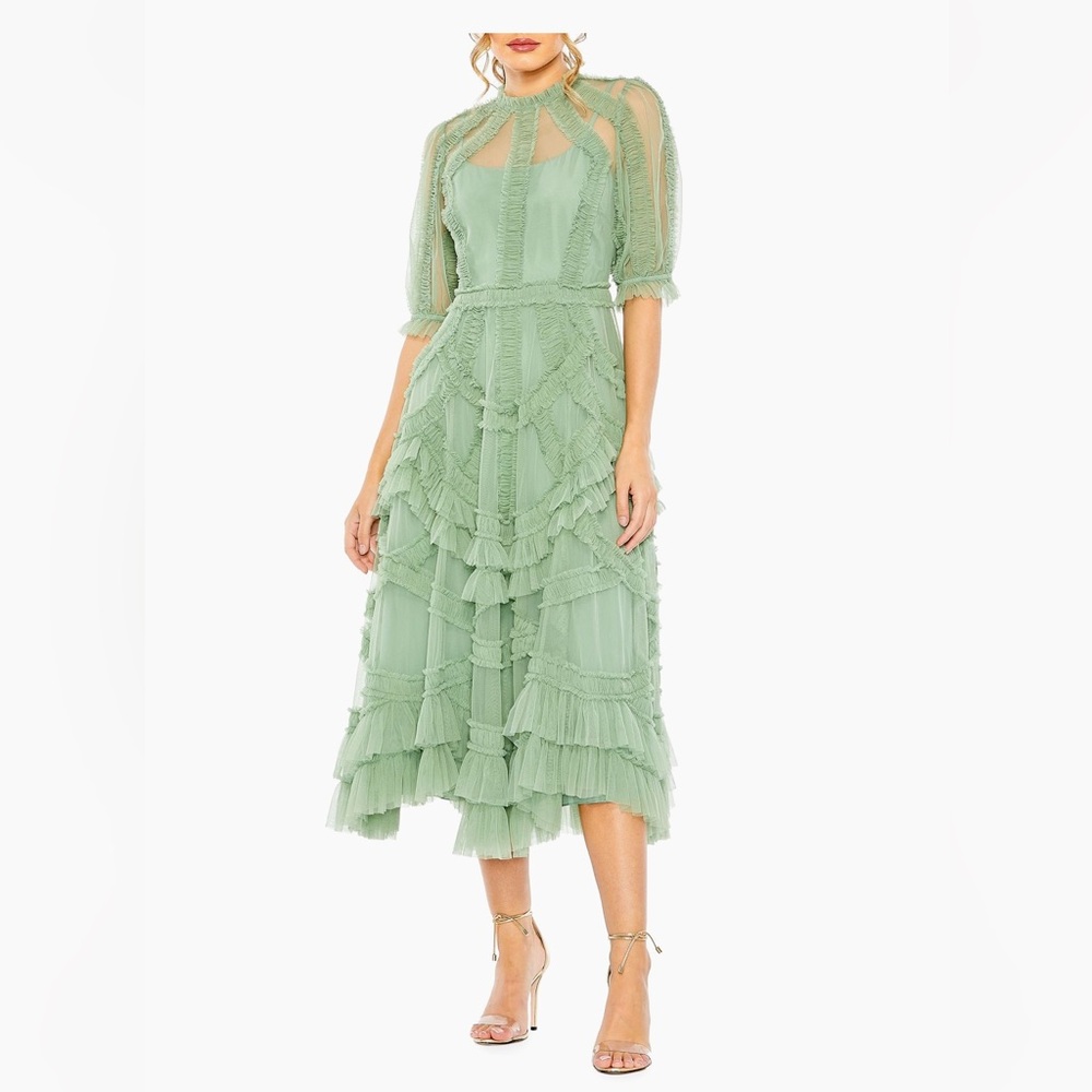 Mac Duggal Jade Green High Neck Tulle Midi Dress Size 4 Perfect condition